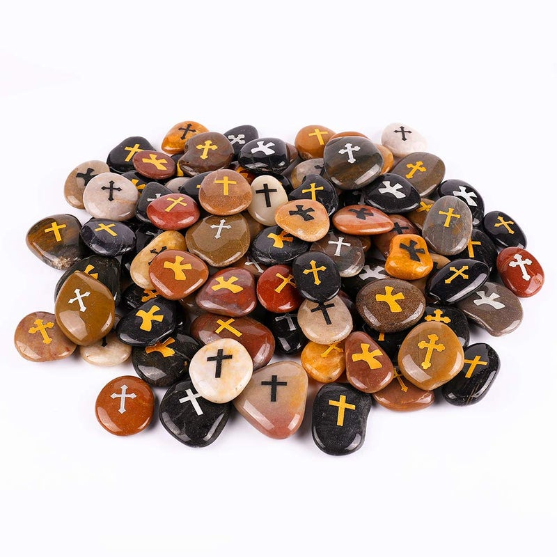 ROCKIMPACT 100PCS Cross Engraved Rocks Inspirational Stones Clinging Cross Heavenly Blessings Gifts Faith Stones Novelty Gratitude Rocks Healing Prayer Stones Encouragement Rocks Wholesale, 2"-3" ea - Image 3